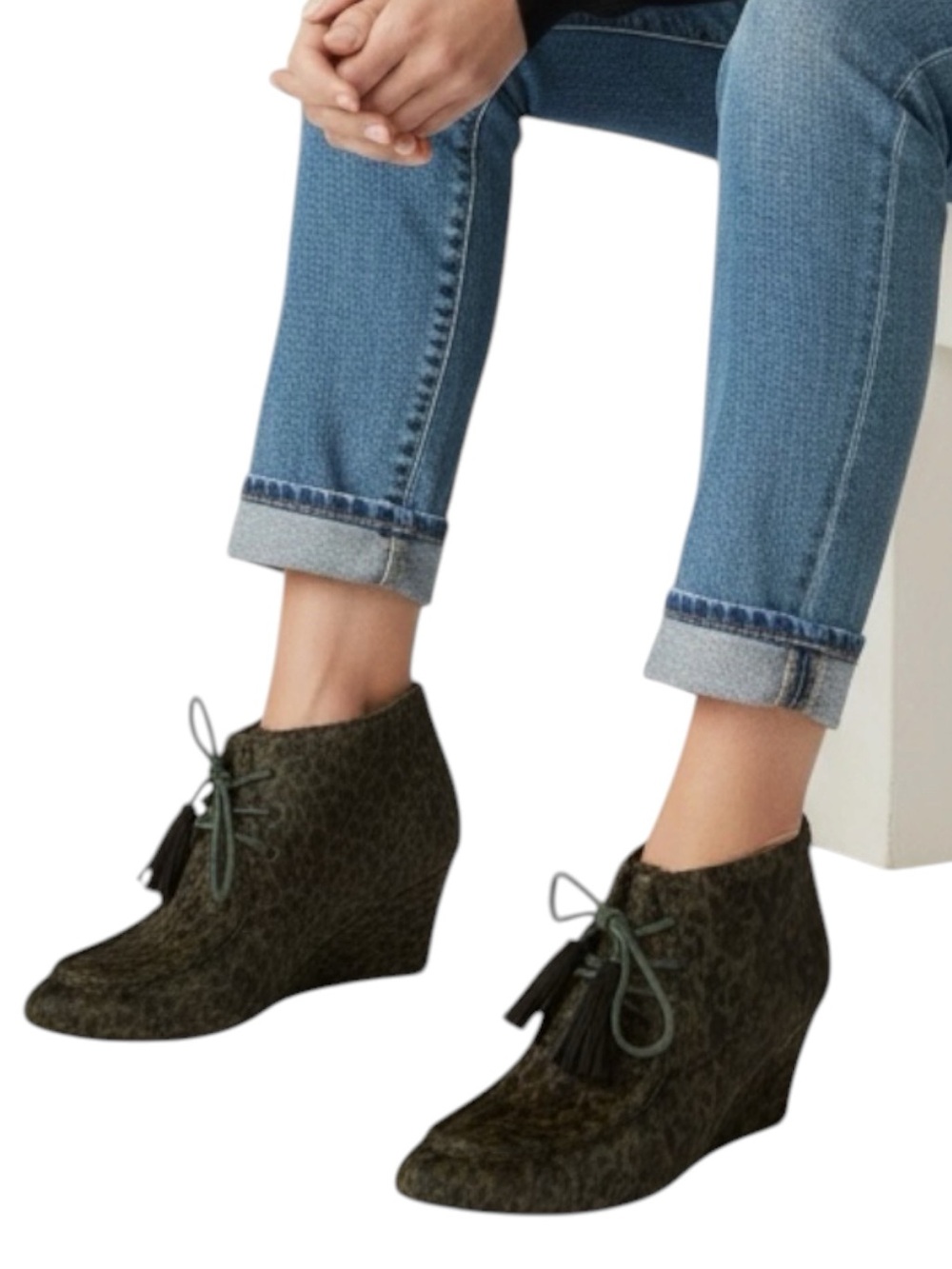 REBECCA MINKOFF Ponyhair Animal Print Lace Up Booties in Green/Black Size 8.5